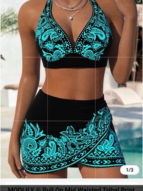 Modlily Tribal Print Black & Teal Two-Piece Swim Bikini Set